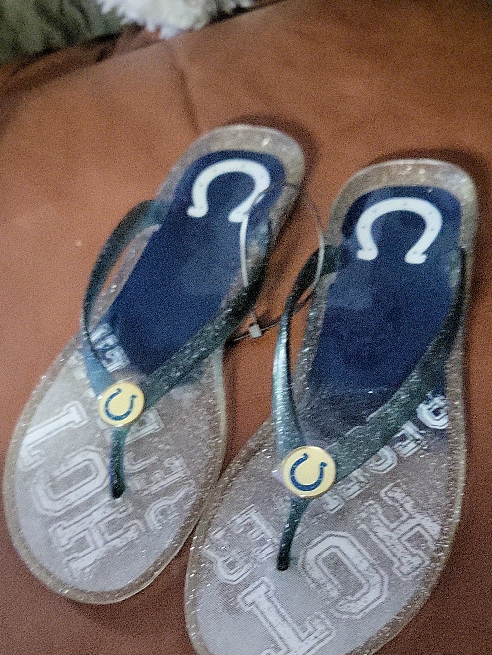 Indy-Themed Glitter Flip Flops in Navy and Gold
